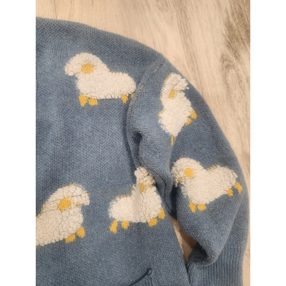 Blue & White Cardigan V-Neck Knit Sweater Sheep Motif Cottagecore Size Med/Large
